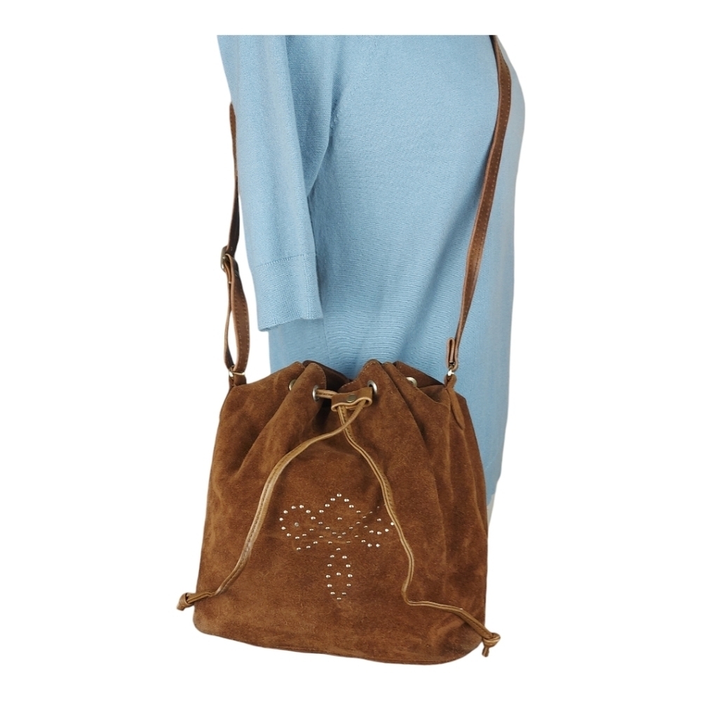 Brown suede crossbody bucket boho bag Made in Italy